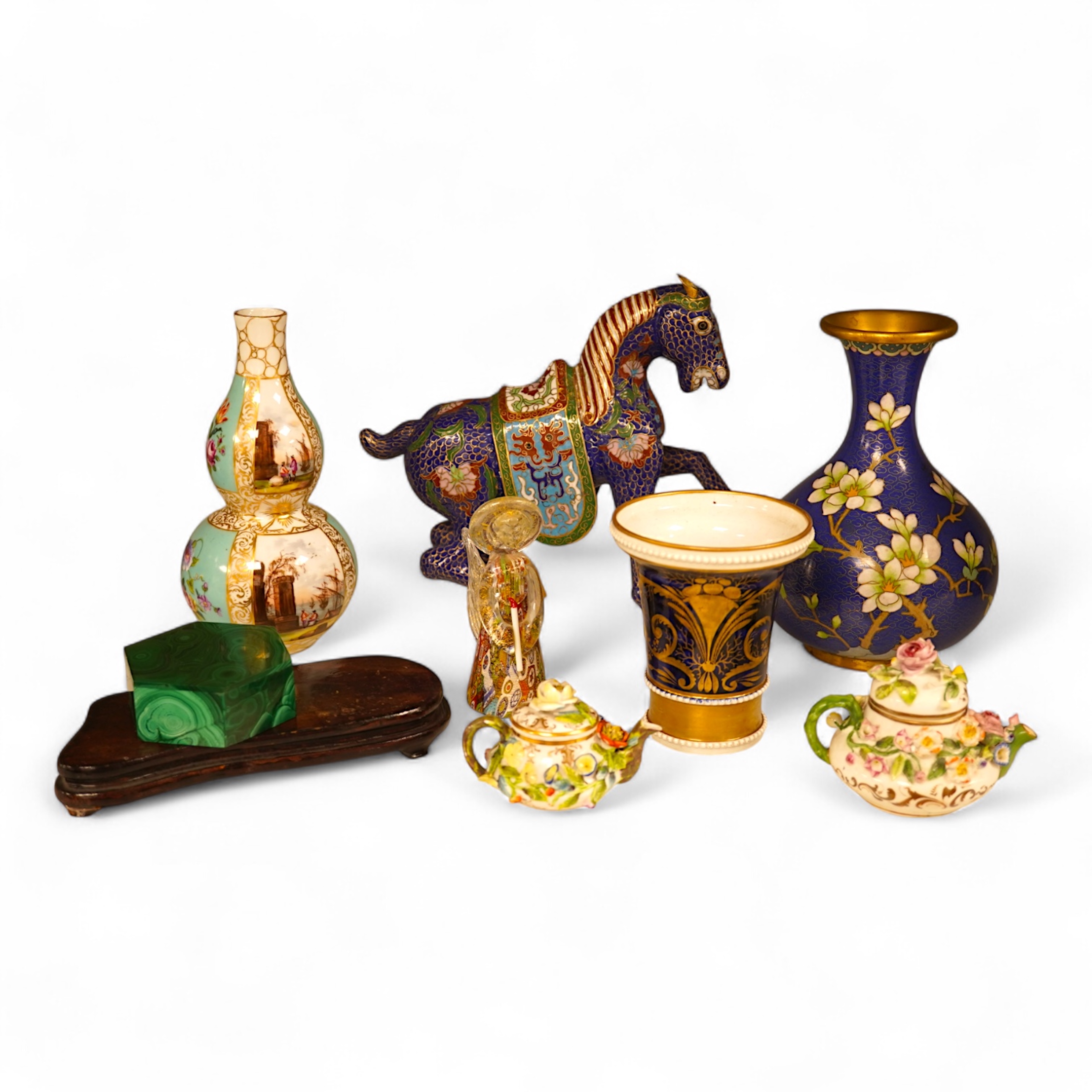 A Chinese cloisonné enamel horse and vase, two miniature Rockingham floral teapots, a malachite box etc (9). Cloisonné horse 20cm long.